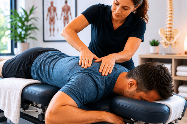 Therapist providing back pain treatment and spinal therapy in a modern Stouffville clinic