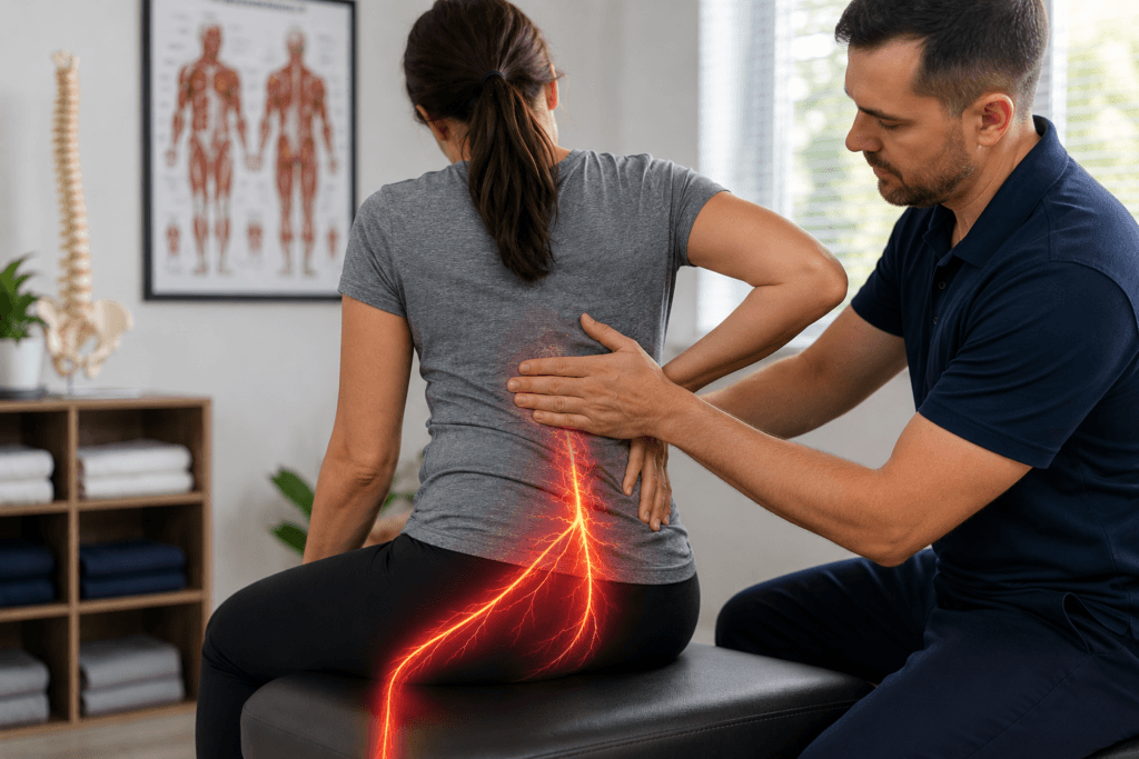 Practitioner assessing lower back and sciatic nerve pain during sciatica treatment in Stouffville