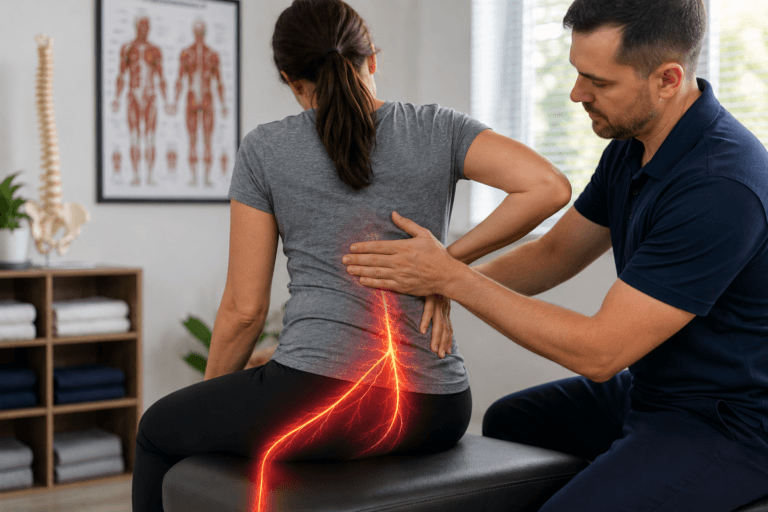 Practitioner assessing lower back and sciatic nerve pain during sciatica treatment in Stouffville