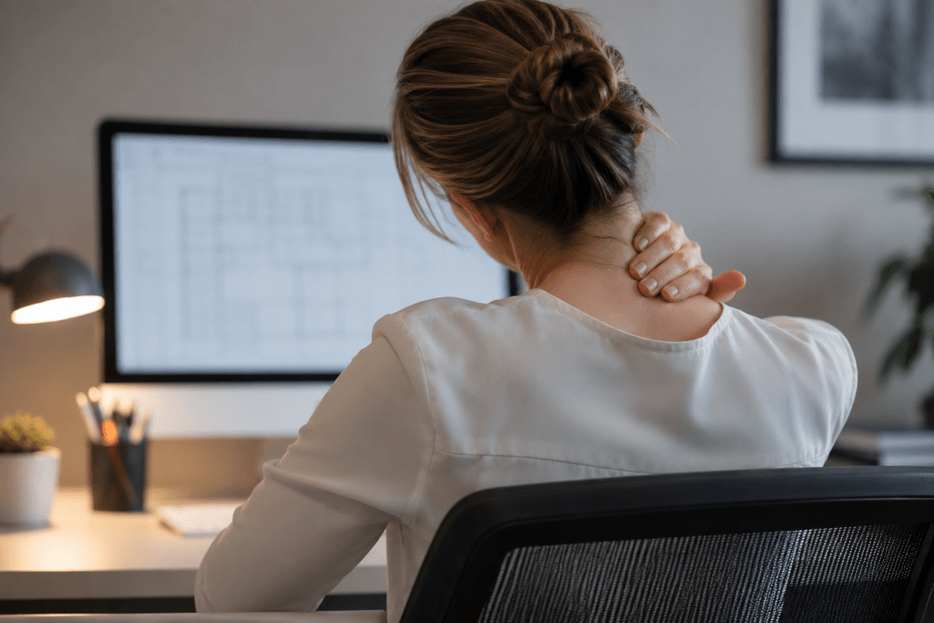 Office worker seated at a desk massaging their neck while looking at a computer screen, suggesting discomfort from prolonged computer use.