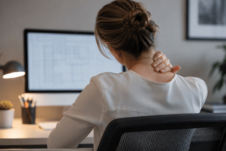 Office worker seated at a desk massaging their neck while looking at a computer screen, suggesting discomfort from prolonged computer use.