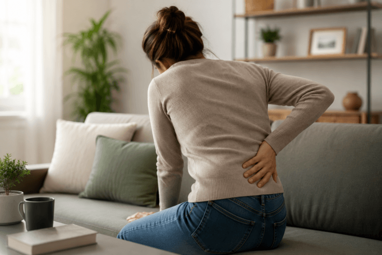 Person sitting on a sofa holding their lower back, appearing to experience back pain or discomfort in a home setting.