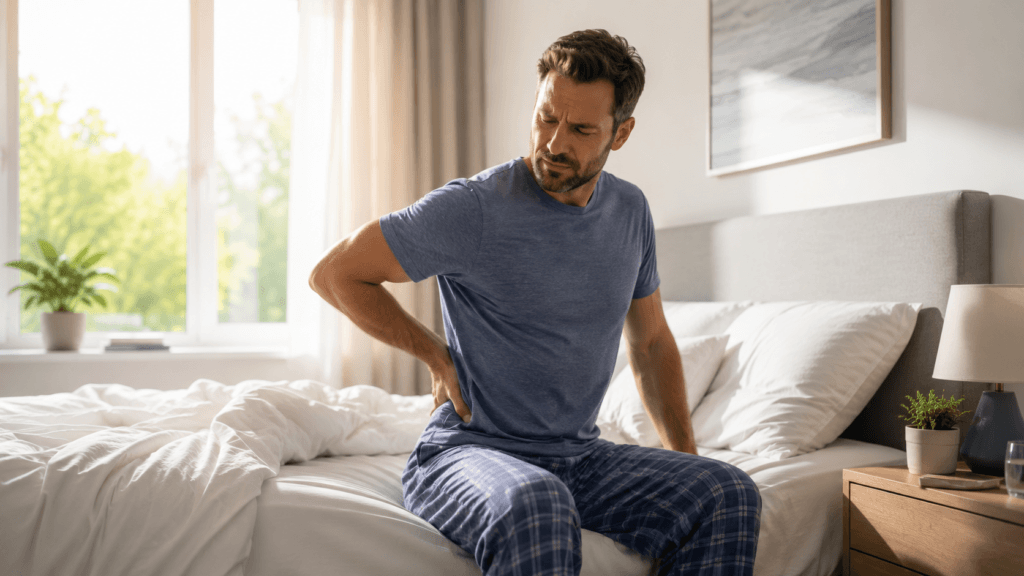 Man sitting on the edge of a bed holding his lower back, appearing to experience back pain or stiffness in a bedroom setting.