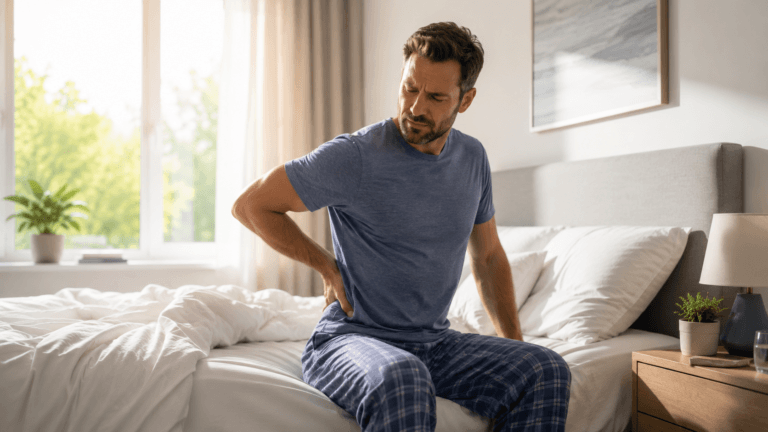 Man sitting on the edge of a bed holding his lower back, appearing to experience back pain or stiffness in a bedroom setting.