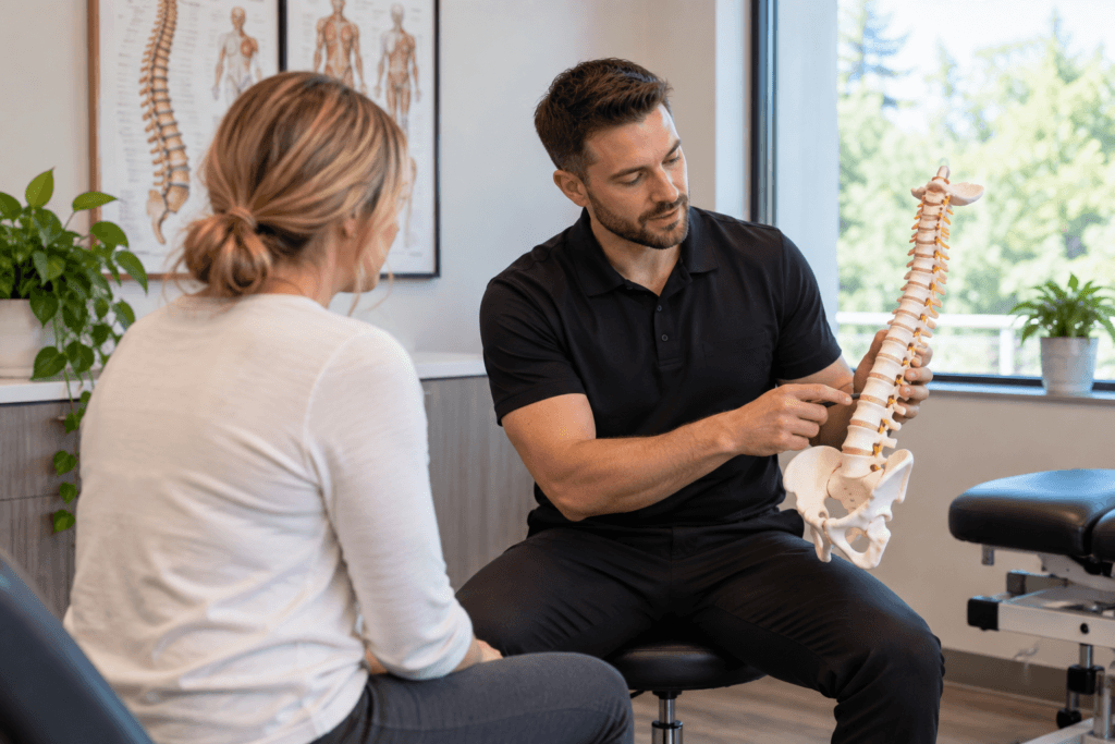 Chiropractor in Stouffville discussing back and neck pain with a patient