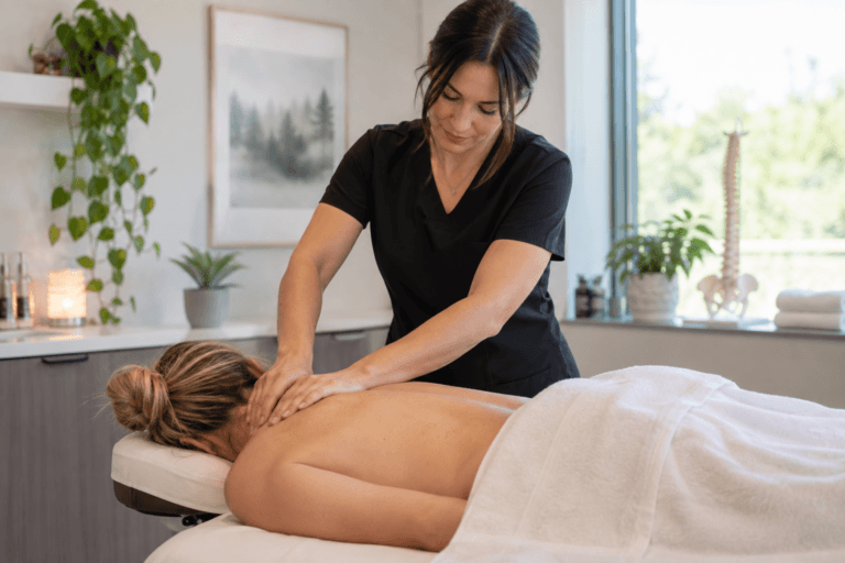 Registered massage therapist treating a patient at Renew Integrative Health in Stouffville